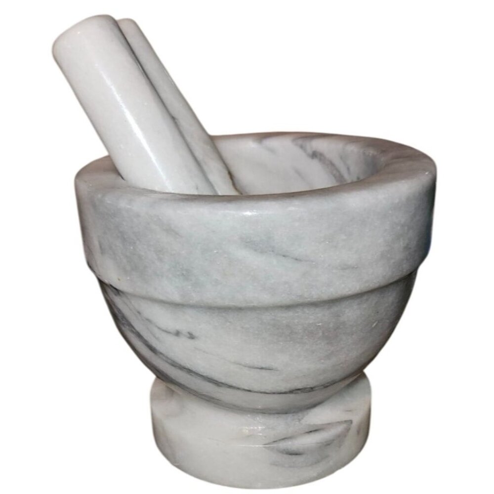 Mortar &‎ Pestle Set White Marble 4.5-Inch Height Bowl & 5.5-Inch Length Pestles